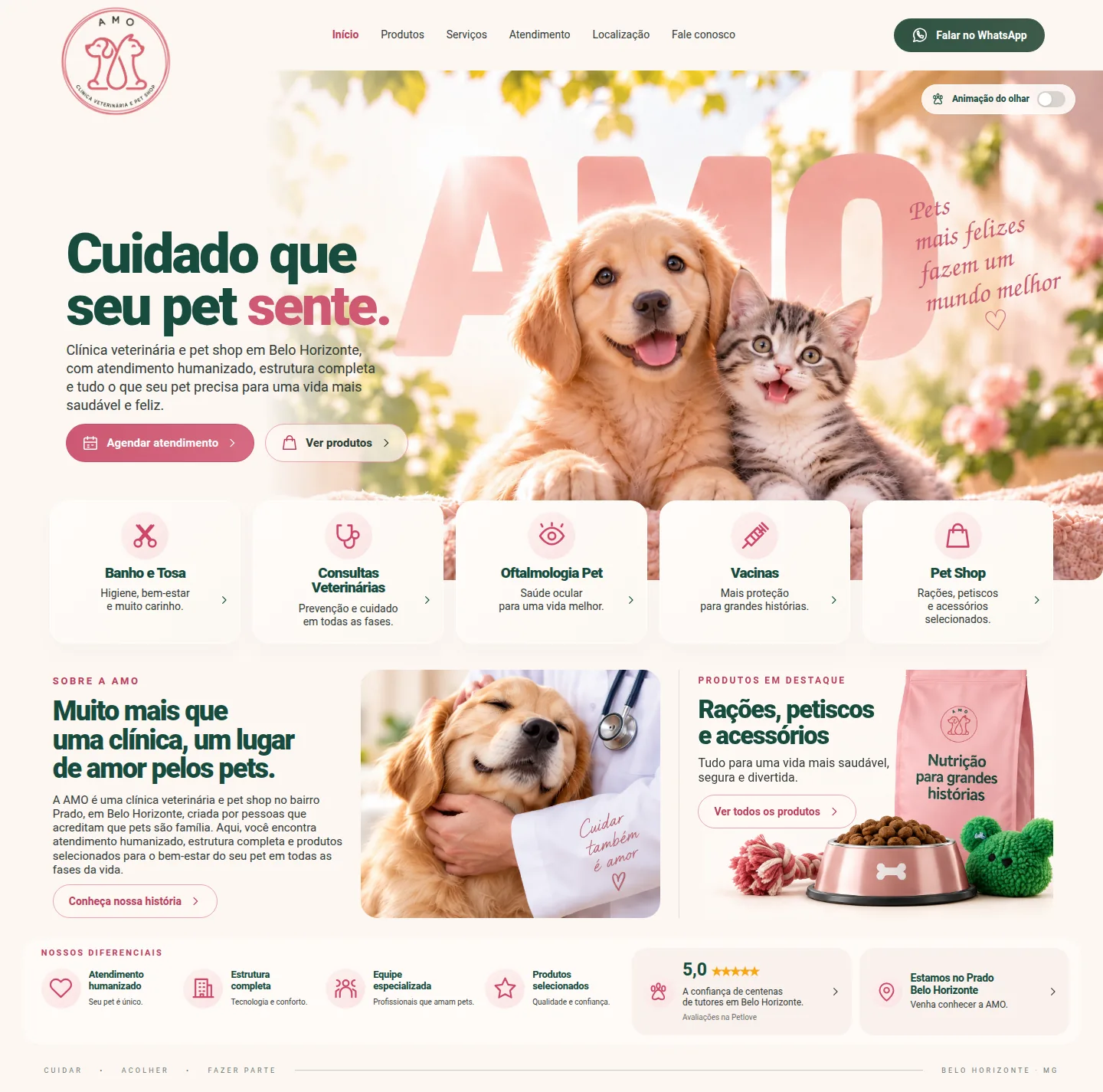 Home page of the AMO website, a veterinary clinic and pet shop in Belo Horizonte